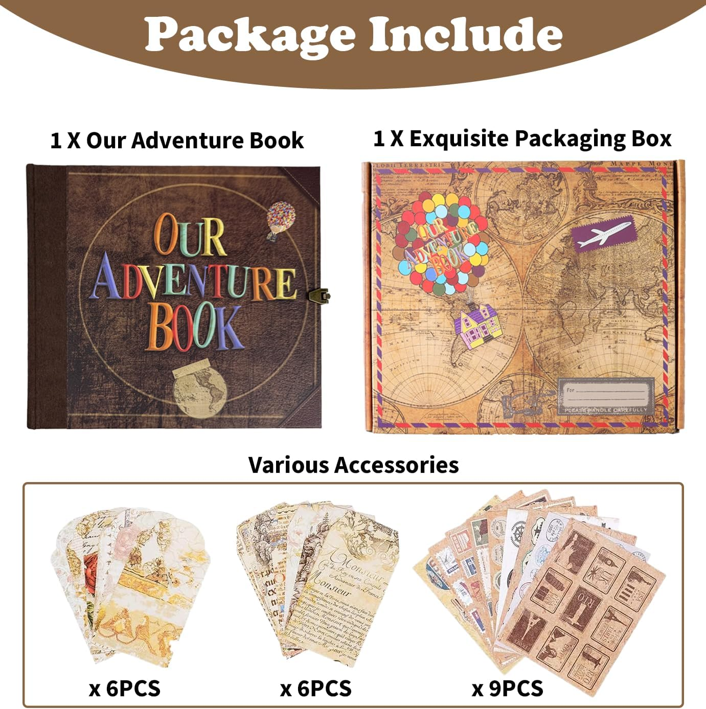 AMAOGE Our Adventure Book Scrapbook, Photo Album with 146 Retro Pages, Embossed Words Hard Cover Travel Scrapbook, Up Memory Book For Anniversary Wedding Holiday Gifts, 8.9 * 7.7 In