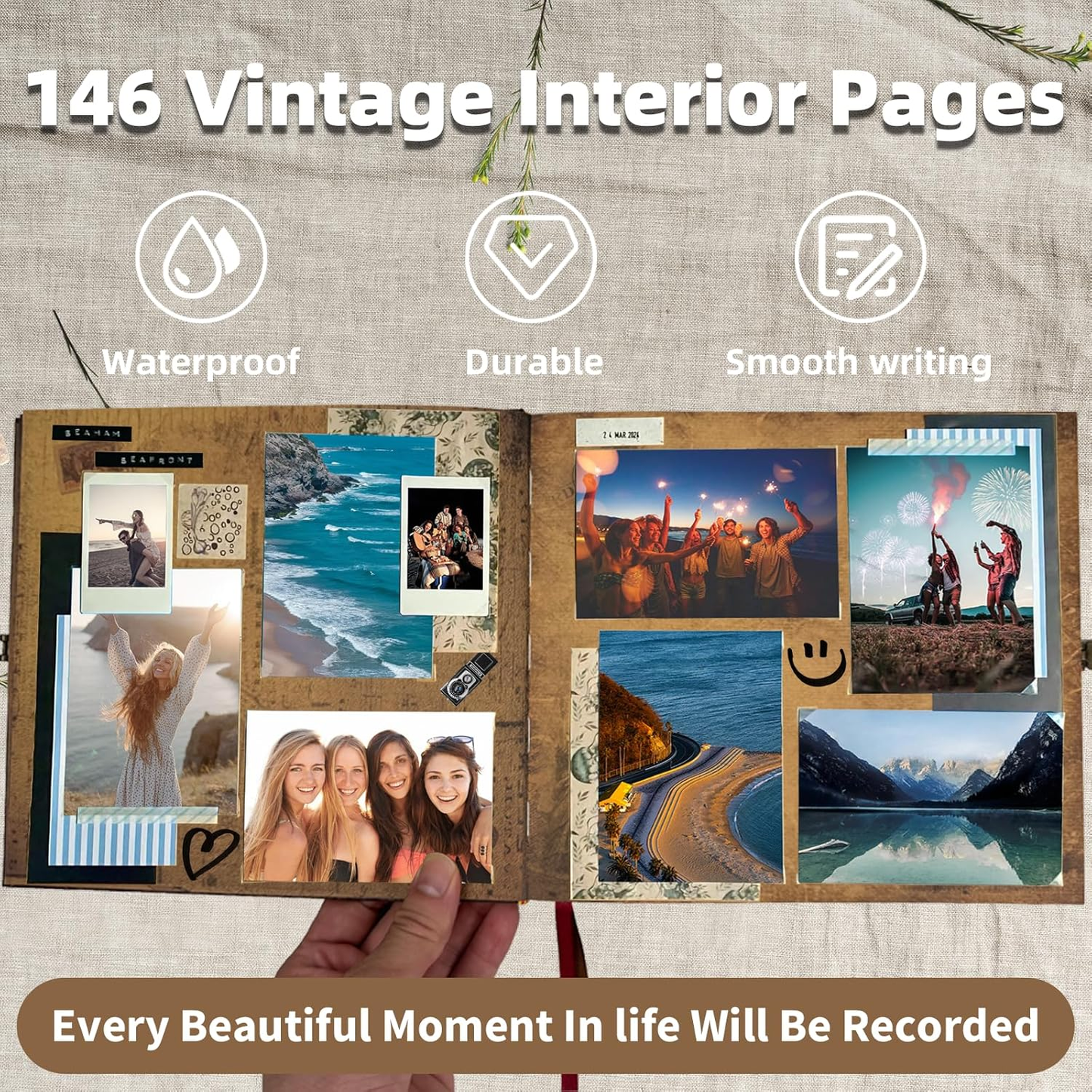 AMAOGE Our Adventure Book Scrapbook, Photo Album with 146 Retro Pages, Embossed Words Hard Cover Travel Scrapbook, Up Memory Book For Anniversary Wedding Holiday Gifts, 8.9 * 7.7 In