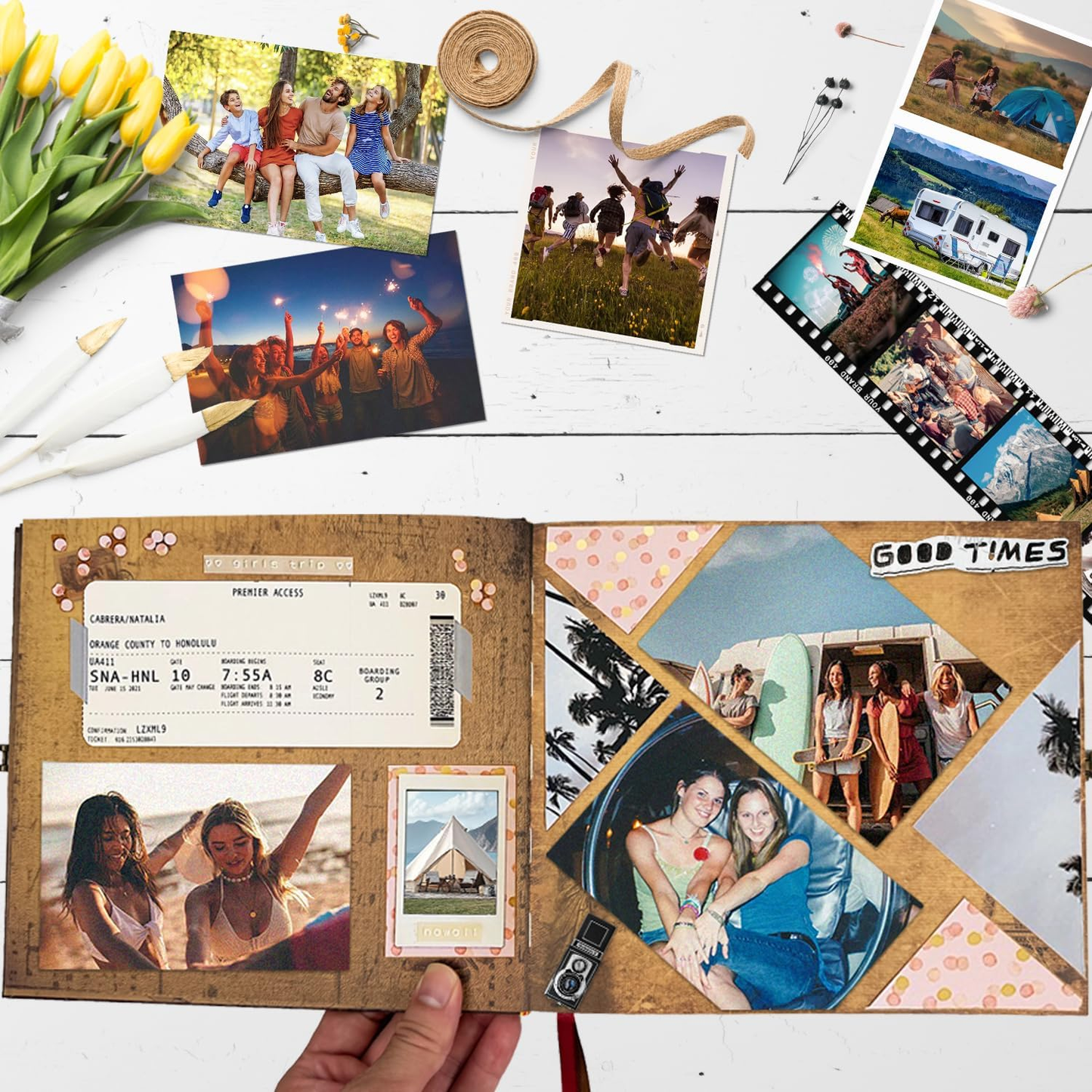 AMAOGE Our Adventure Book Scrapbook, Photo Album with 146 Retro Pages, Embossed Words Hard Cover Travel Scrapbook, Up Memory Book For Anniversary Wedding Holiday Gifts, 8.9 * 7.7 In